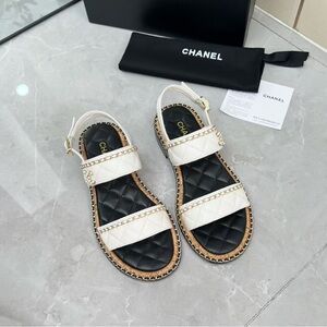 Chanel White Double Strap Sandals with Gold Chain Trim